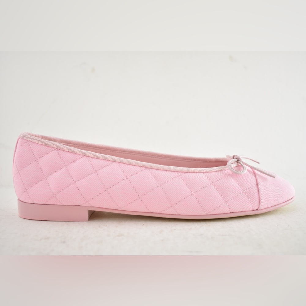 Chanel 26P Light Pink Denim Quilted CC Logo Bow Tie Ballet Ballerina Flat 39 - Picture 2 of 16